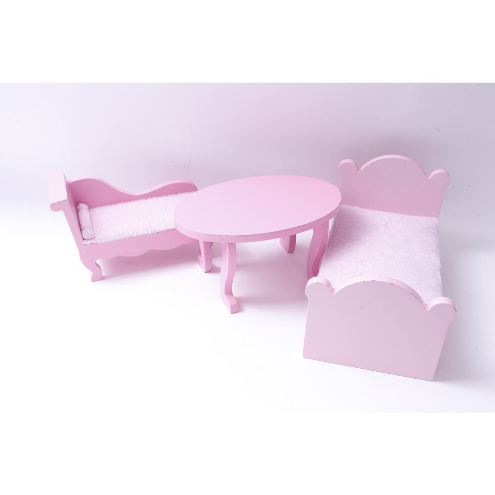 Barbie Pink, Wooden, Toy Dollhouse Furniture, Bed, Oval Table, Playset Parts,